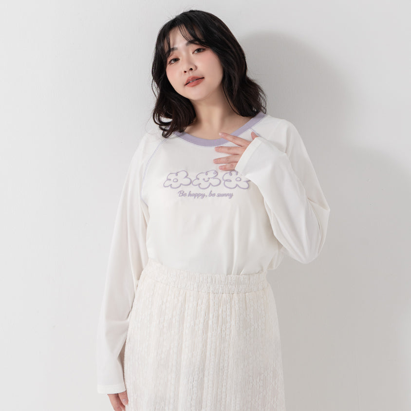 Contrast Floral Puff Print Long-Sleeve Plus Size Tee