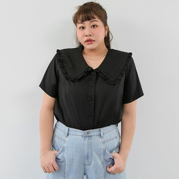 Playful Ruffle Collar Plus Size Short Sleeve Shirt