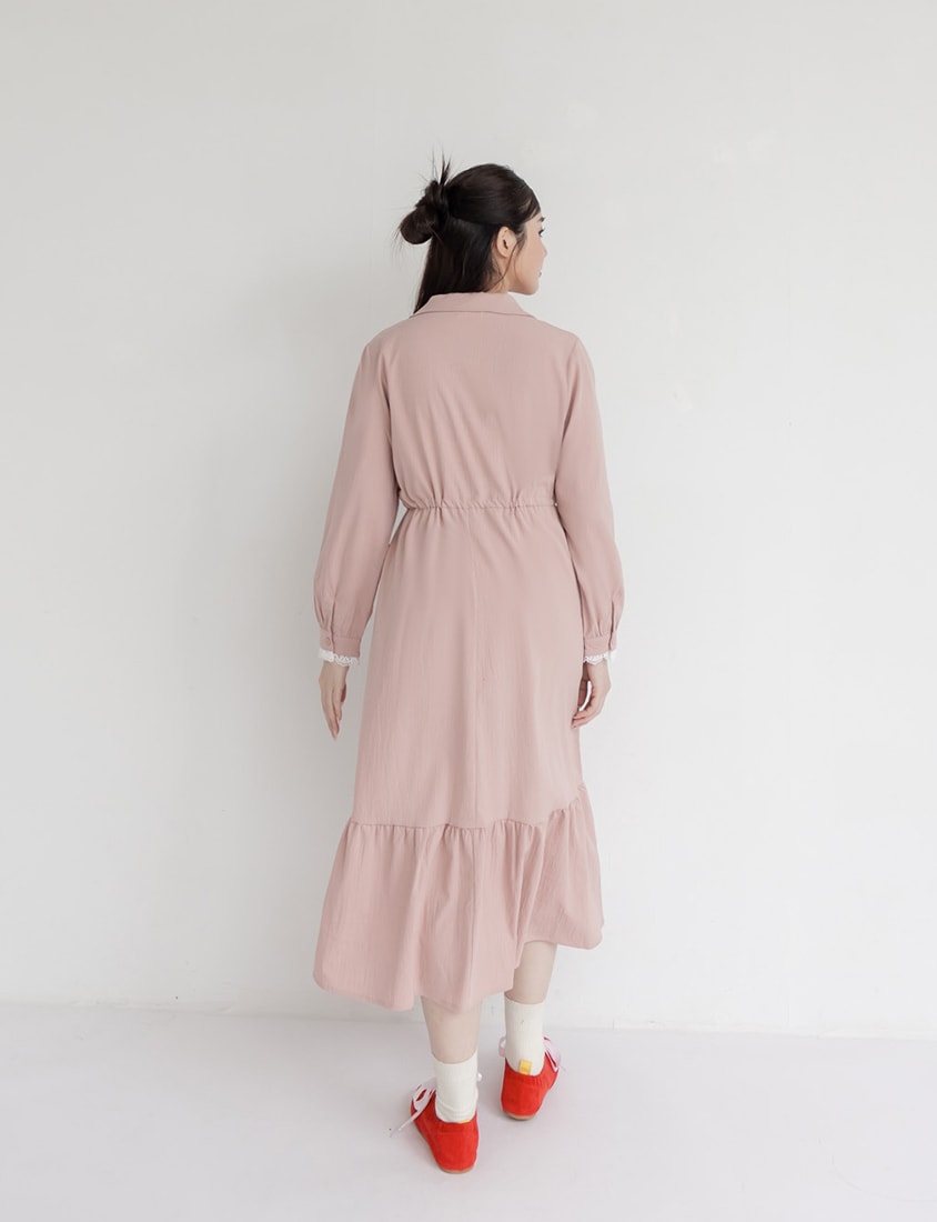 Cuban Collar Drawstring Waist Tiered Plus Size Dress