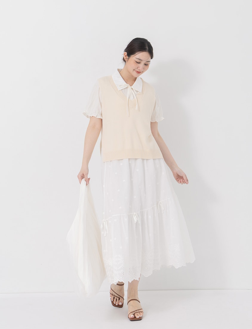 Sweet Pleated Collar Tie-Front Puff Sleeve Plus Size Shirt
