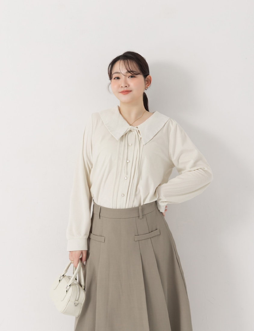 MISS. Elegant Velvet Collar Plus Size Long Sleeve Shirt