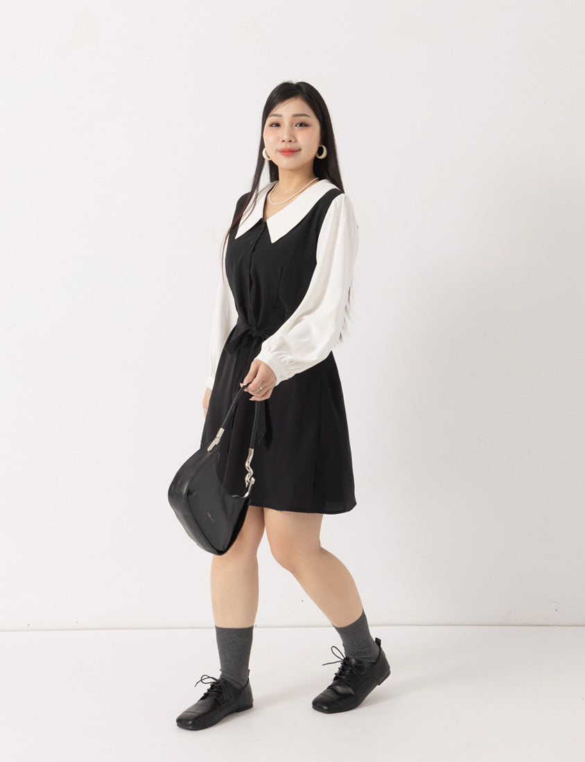 MISS. Faux Two Piece Chiffon Plus Size Long Sleeve Dress (With Waist Tie)