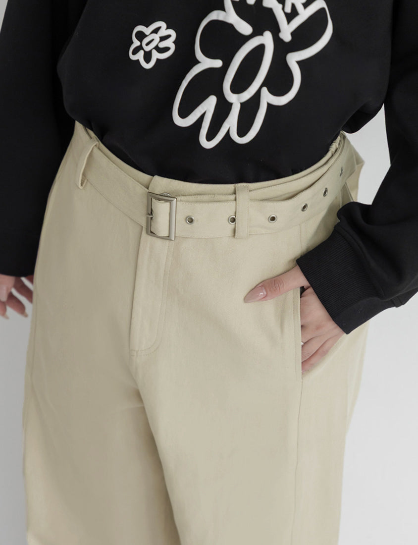 Versatile Twill Back Elastic Plus Size Straight Leg Pants (With Belt)