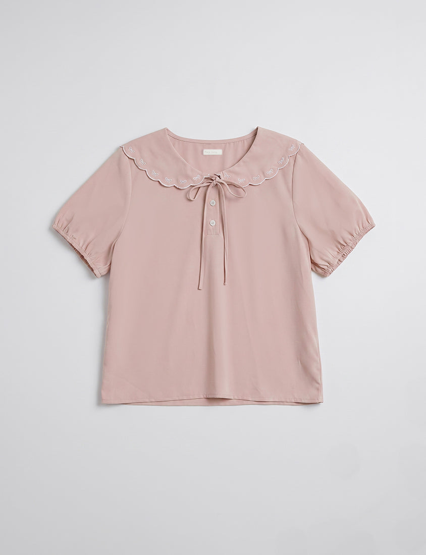 Cute Bow Embroidered Collared Plus Size Top
