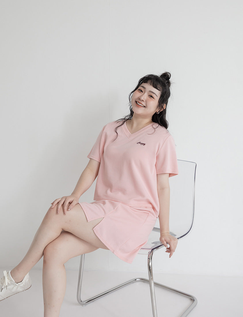 Soft Stretch Cotton Minimal Embroidered V-Neck Plus Size Tee