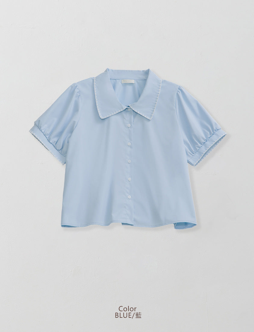 Contrast Embroidered Lace Puff Sleeve Plus Size Shirt