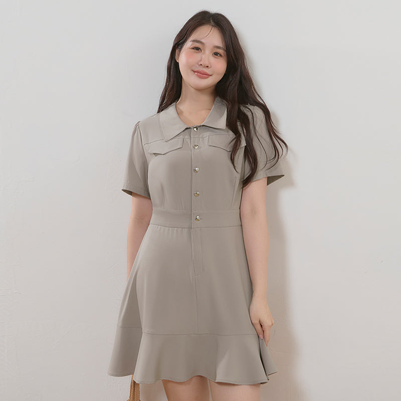 Elegant Heart Button Collar Plus Size Mini Dress