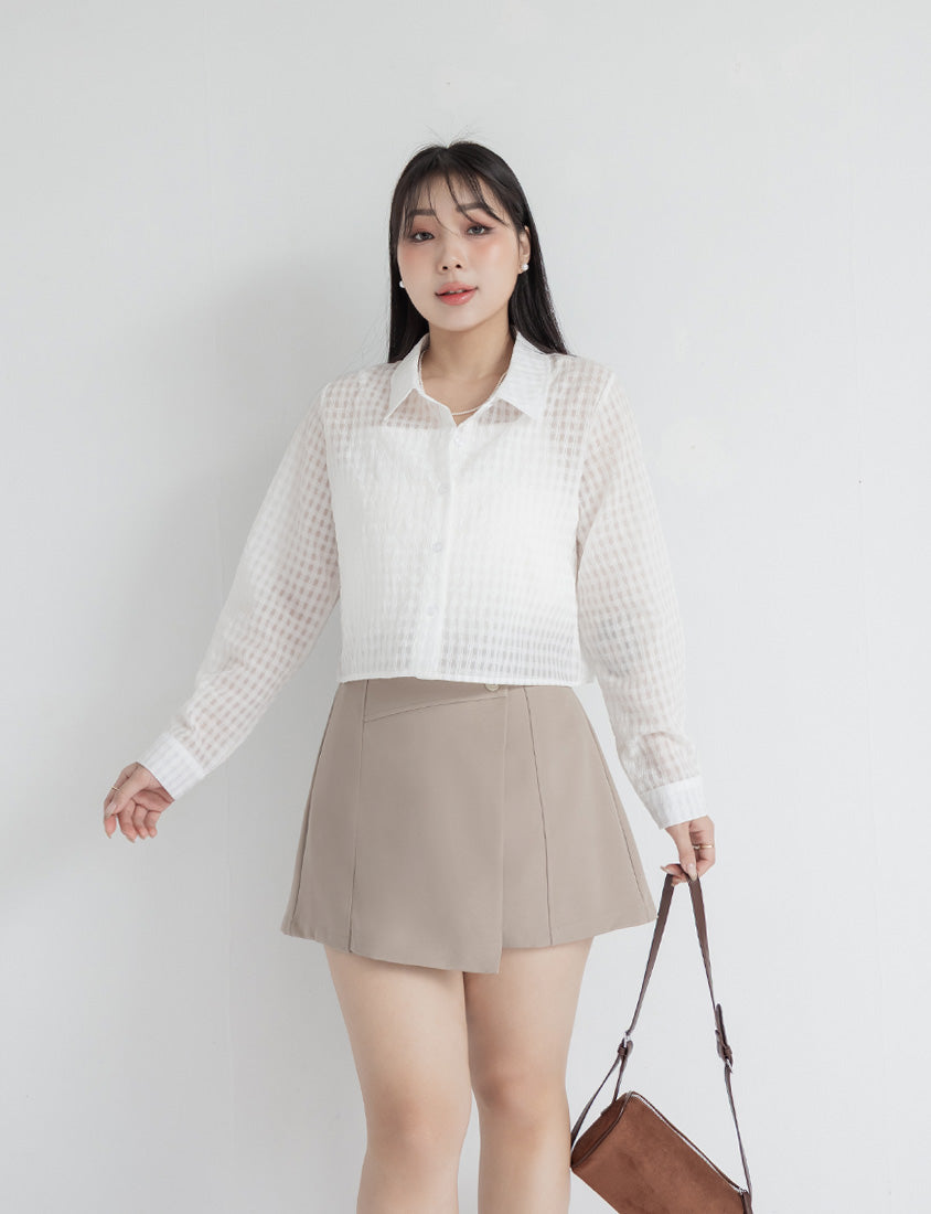 MISS. Sheer Plaid Cropped Plus Size Long Sleeve Shirt