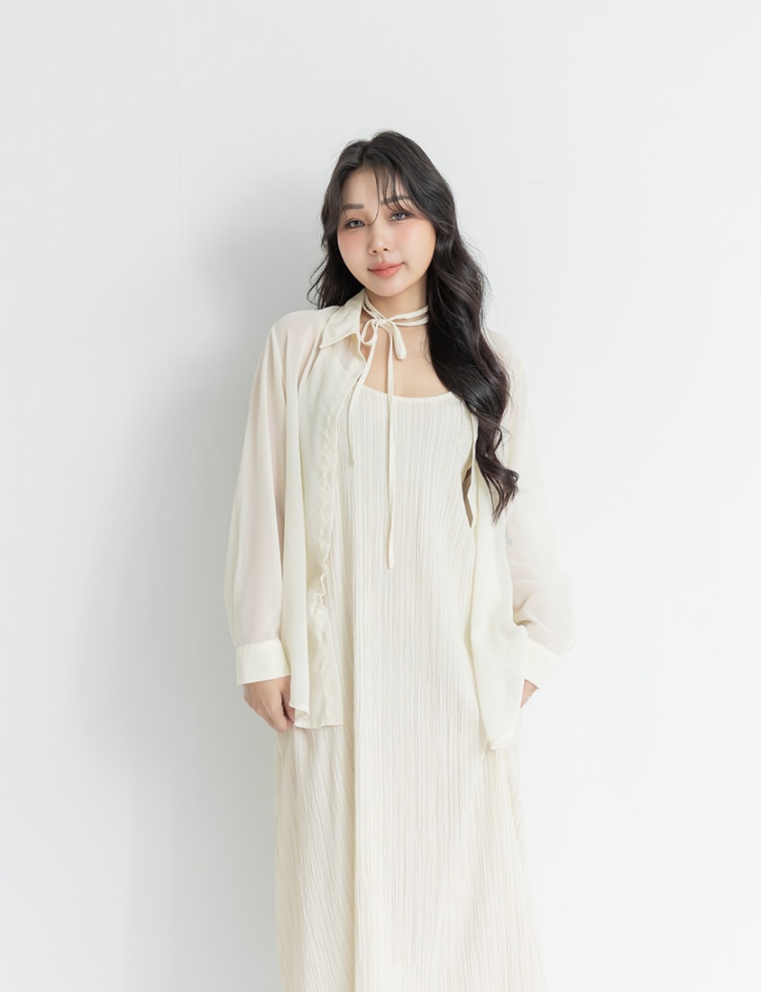 Sheer Shirt With Strap Dress Plus Size Set (With Waist Tie)