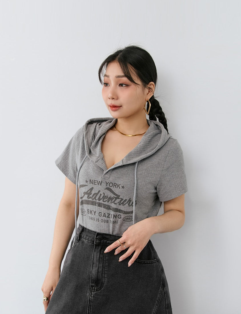 MUA! Hooded Printed Plus Size Ribbed Top