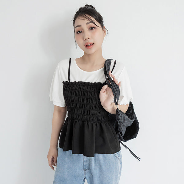 Sweet Crinkle Faux Two-Piece Short Sleeve Plus Size Top