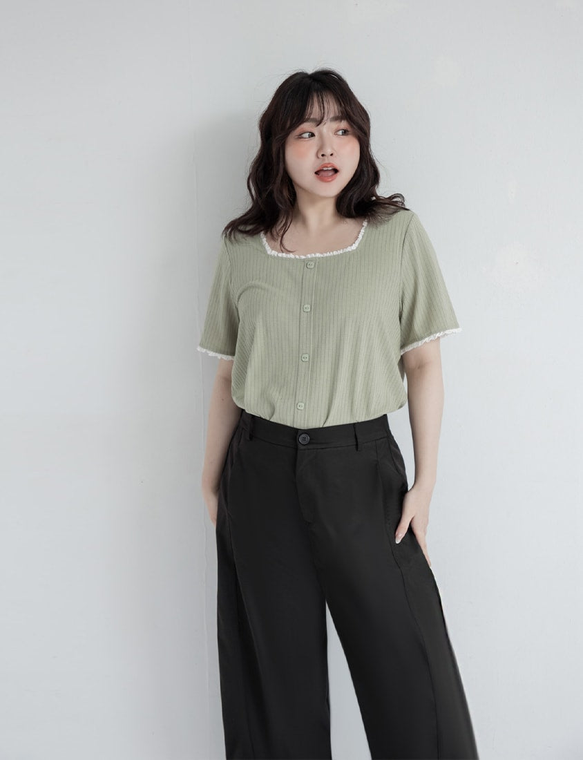 Lace Square Neck Waffle Plus Size Knit Top