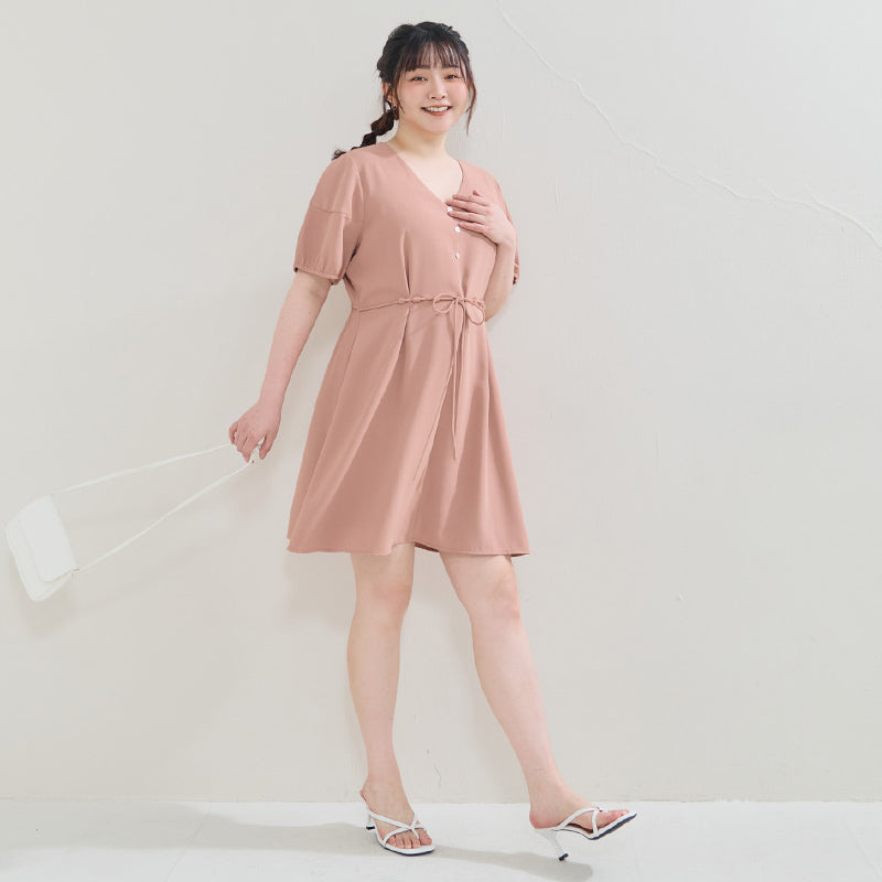 Faux Button Beaded Drawstring V-Neck Plus Size Mini Dress