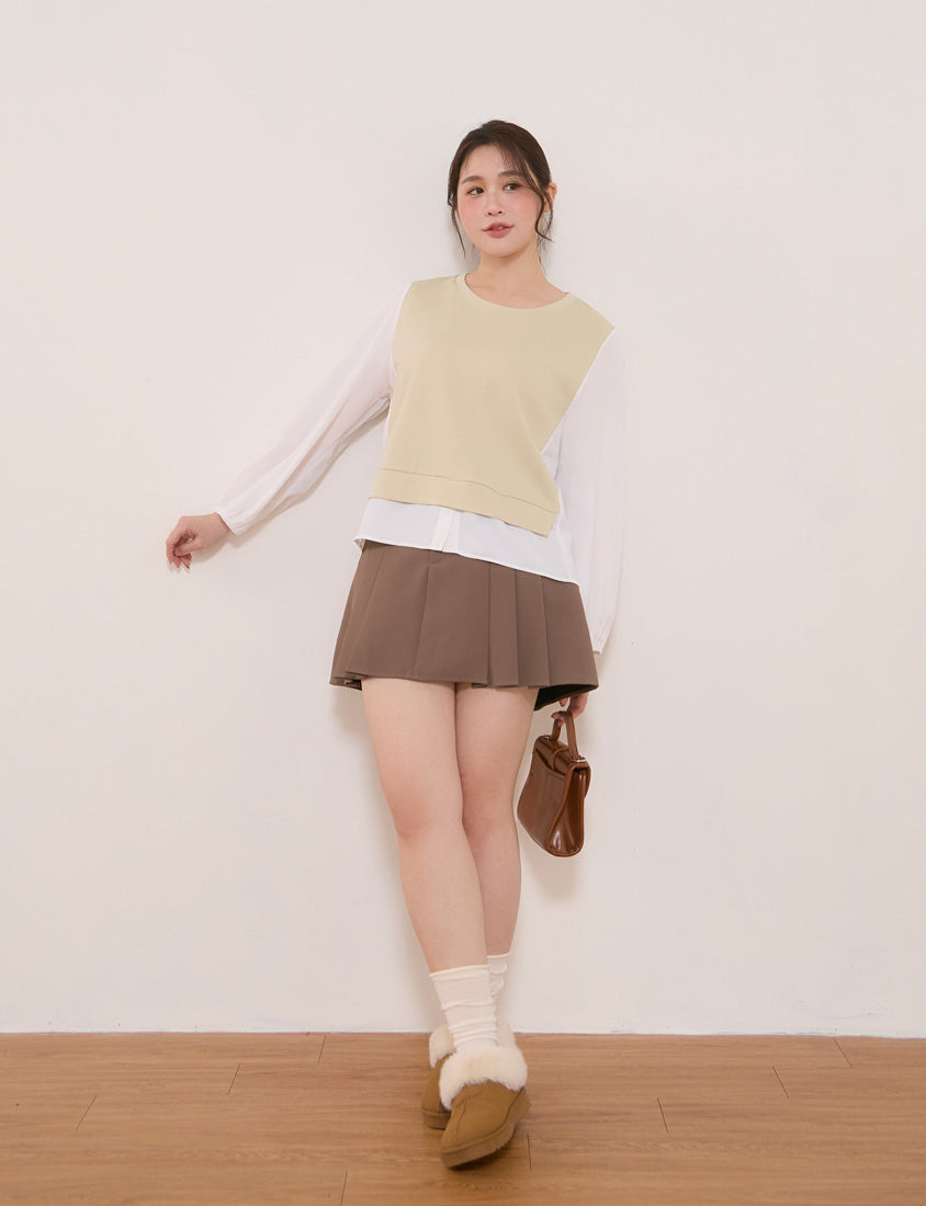 Crewneck Puff Sleeve Faux Two Piece Plus Size Long Sleeve Top