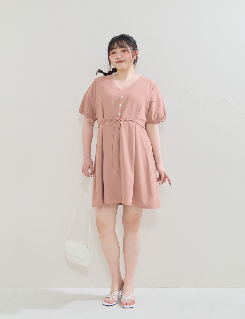 Faux Button Beaded Drawstring V-Neck Plus Size Mini Dress
