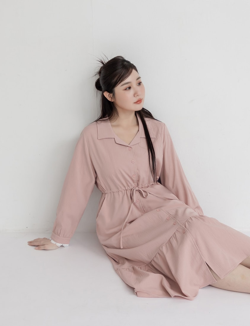 Cuban Collar Drawstring Waist Tiered Plus Size Dress