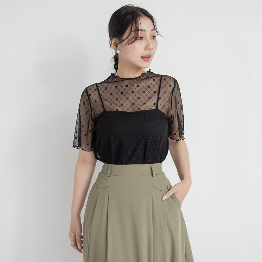 MISS. Sheer Floral Diamond Pattern Short Sleeve Plus Size Top