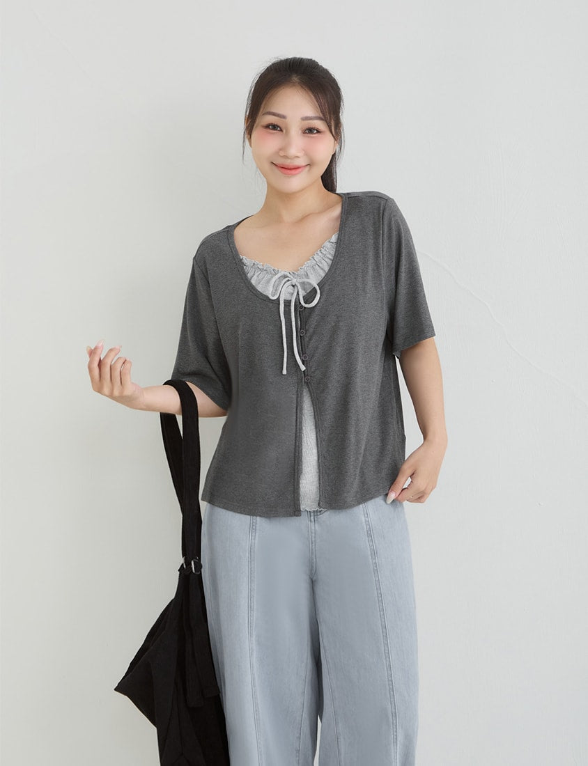 Korean Style Lace Trim Faux Two Piece Plus Size Top