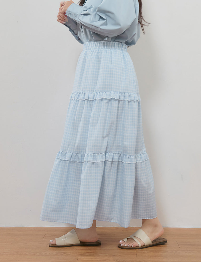 Japanese Style Sweet Tiered Plaid Plus Size Maxi Skirt