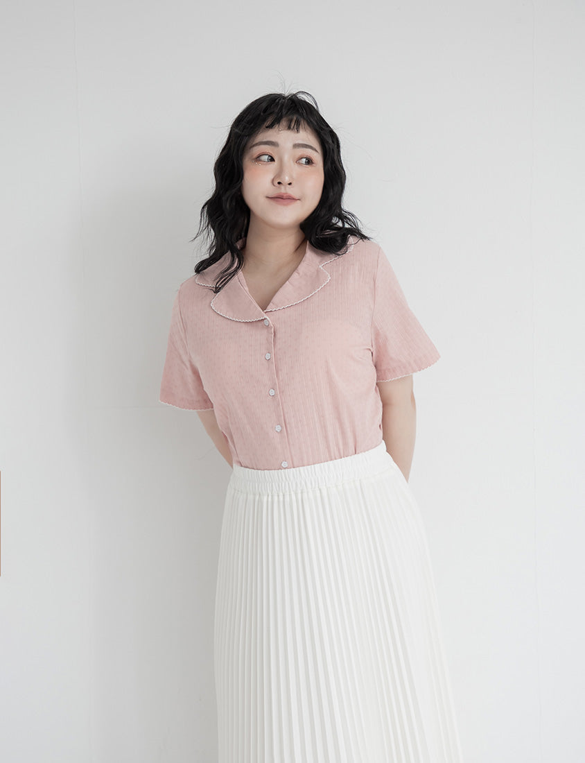 Cute Jacquard Contrast Cuban Collar Plus Size Shirt