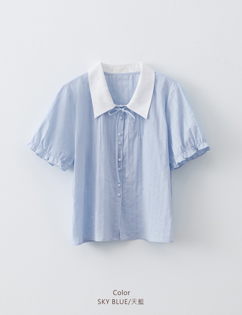 Sweet Pleated Collar Tie-Front Puff Sleeve Plus Size Shirt