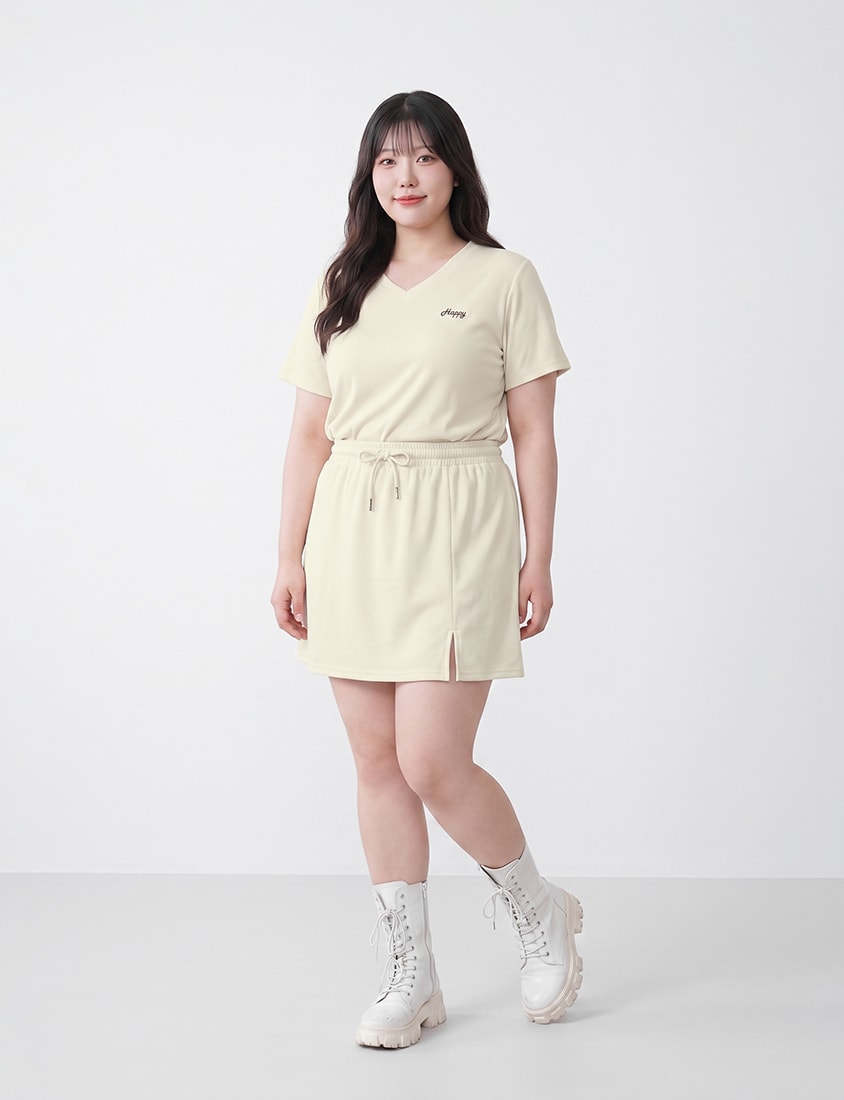 Soft Stretch Cotton Side Slit Drawstring Plus Size Mini Skirt