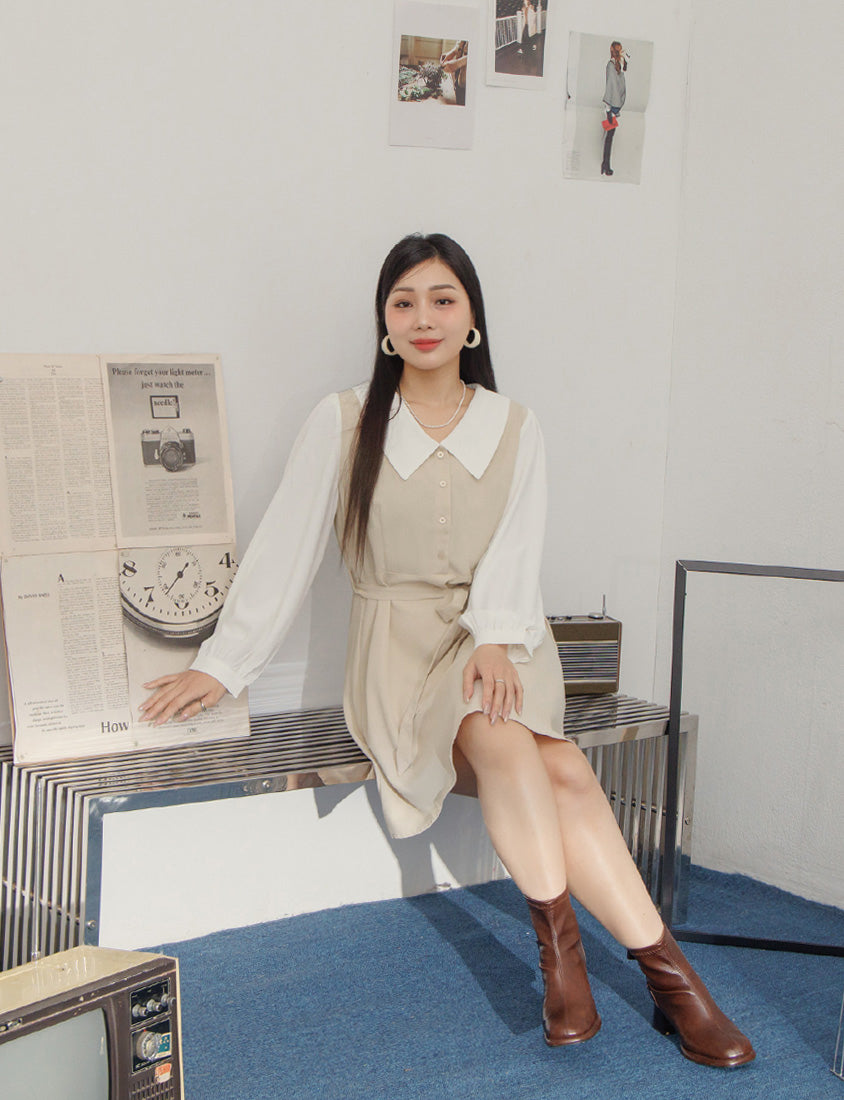 MISS. Faux Two Piece Chiffon Plus Size Long Sleeve Dress (With Waist Tie)
