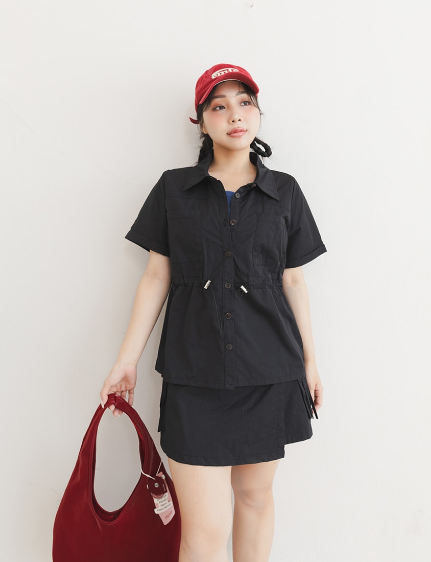 Pockets Cargo Drawstring Waist Plus Size Shirt
