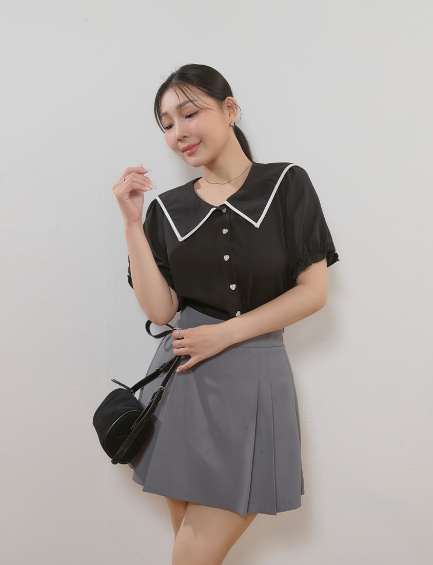 MISS. Contrast Doll Collar Heart Button Plus Size Shirt