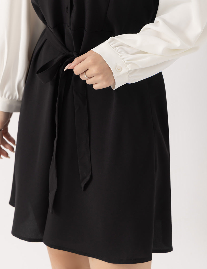 MISS. Faux Two Piece Chiffon Plus Size Long Sleeve Dress (With Waist Tie)