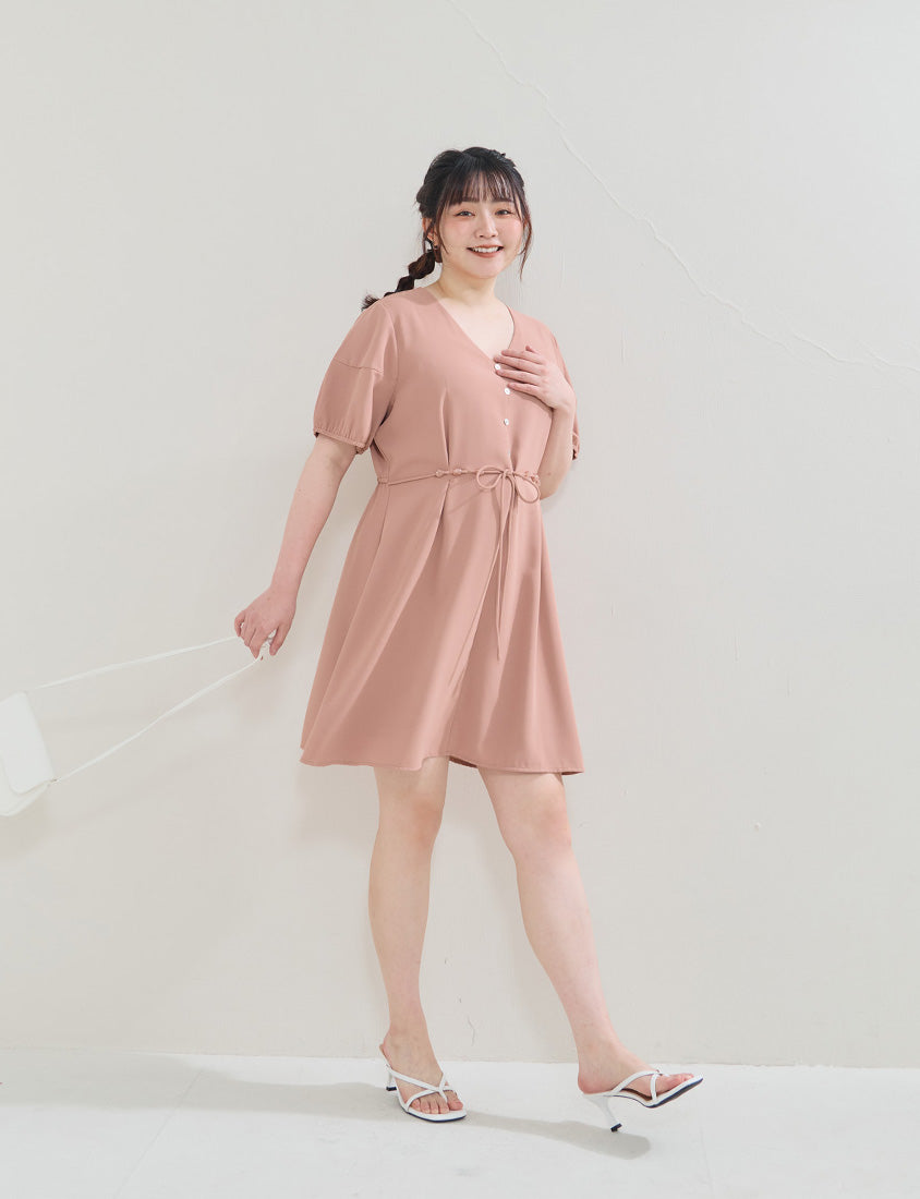 Faux Button Beaded Drawstring V-Neck Plus Size Mini Dress