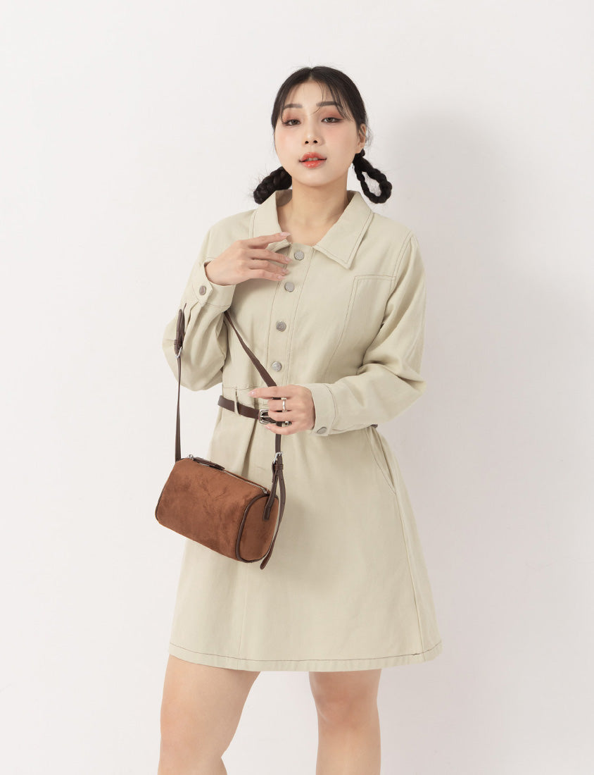 Twill Colorblock Topstitched Button-Up Plus Size Mini Dress (With Belt)