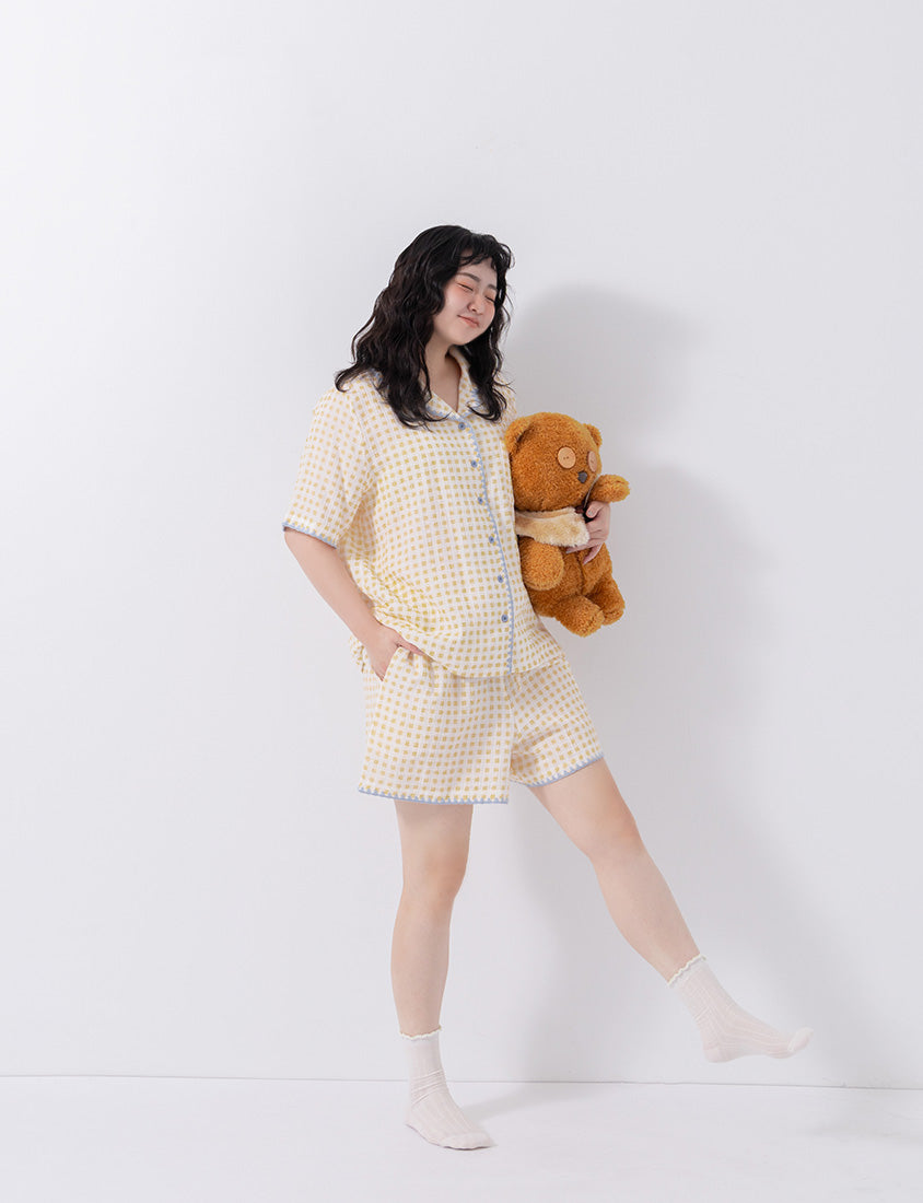 Skin-Friendly Gingham Contrast Frill Casual Plus Size Shirt