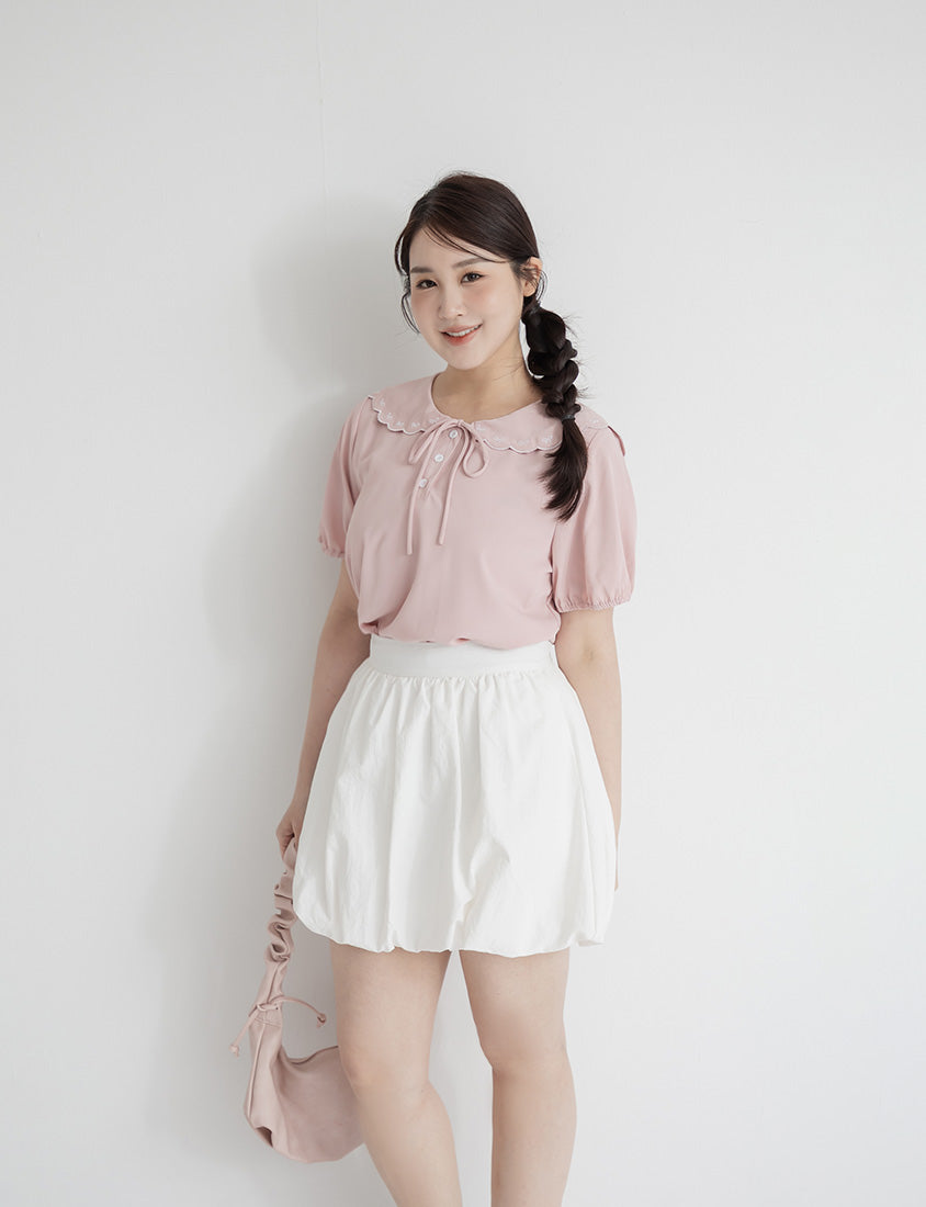 Cute Bow Embroidered Collared Plus Size Top