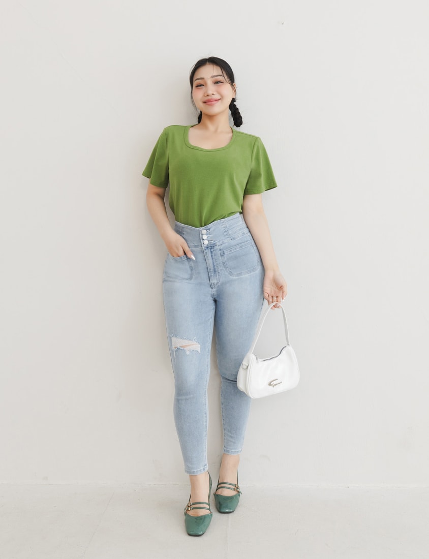 Cooling Tech Corset Waist Plus Size Distressed Jeans