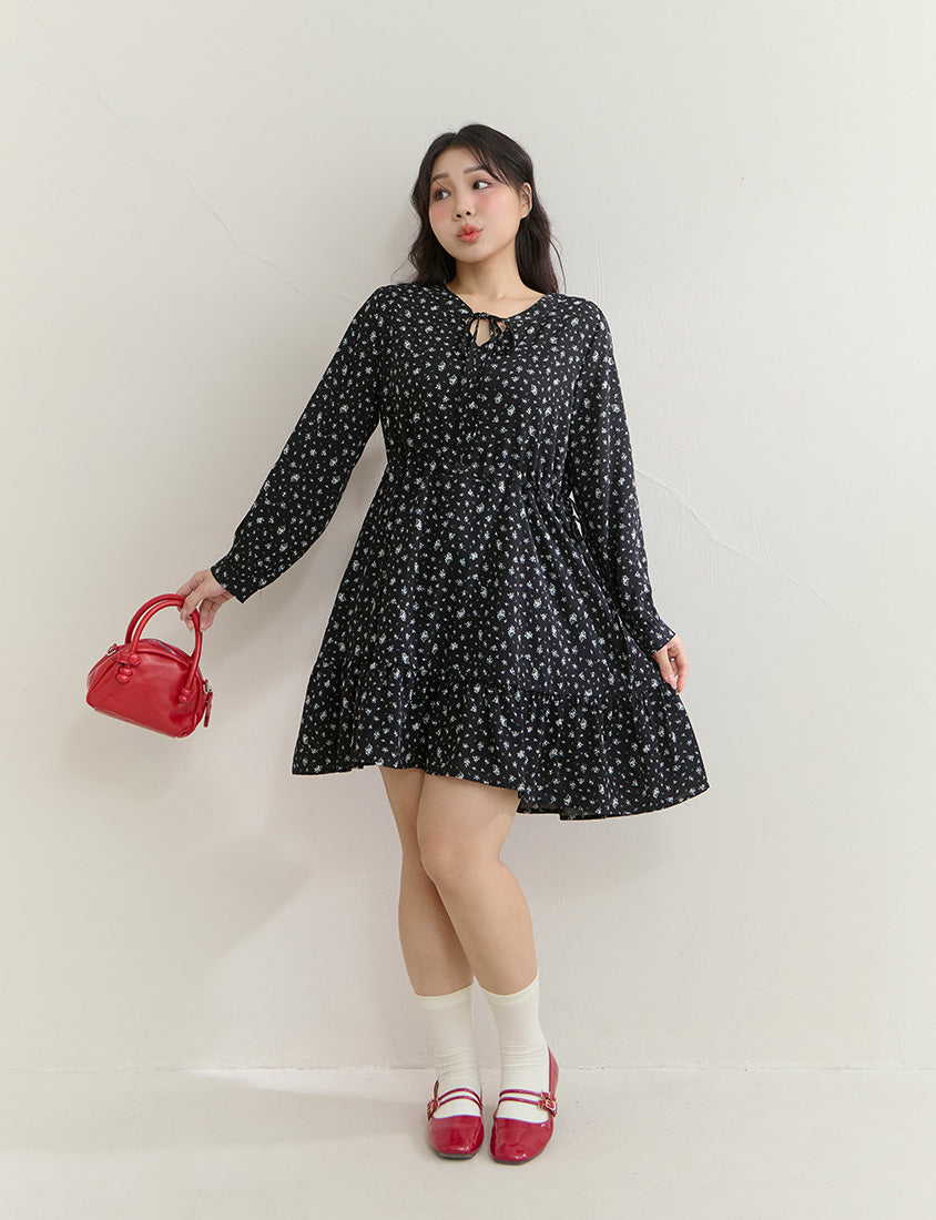 Early Spring Floral Tie-Front Long Sleeve Plus Size Mini Dress
