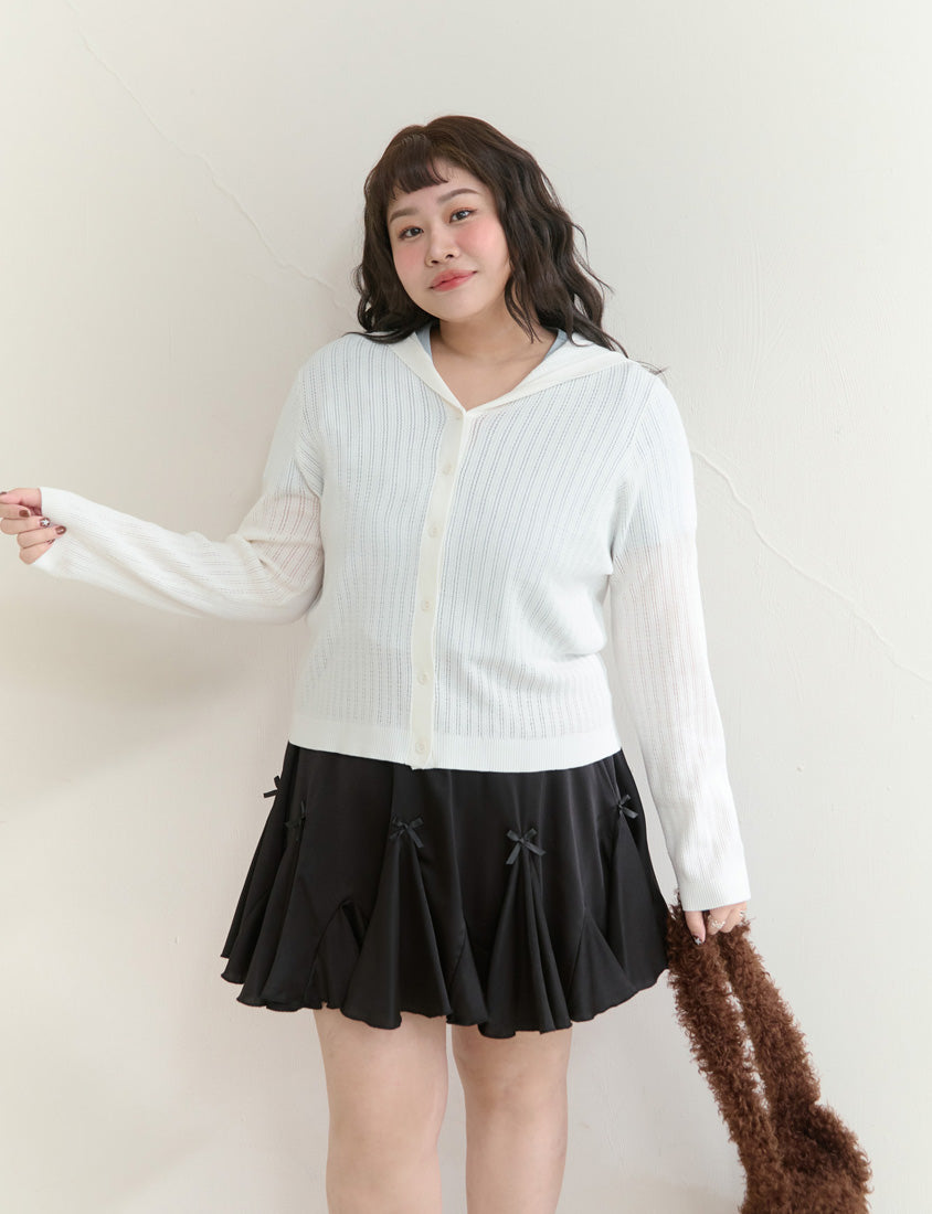 Openwork Knit Hooded Button-Up Plus Size Long Sleeve Cardigan