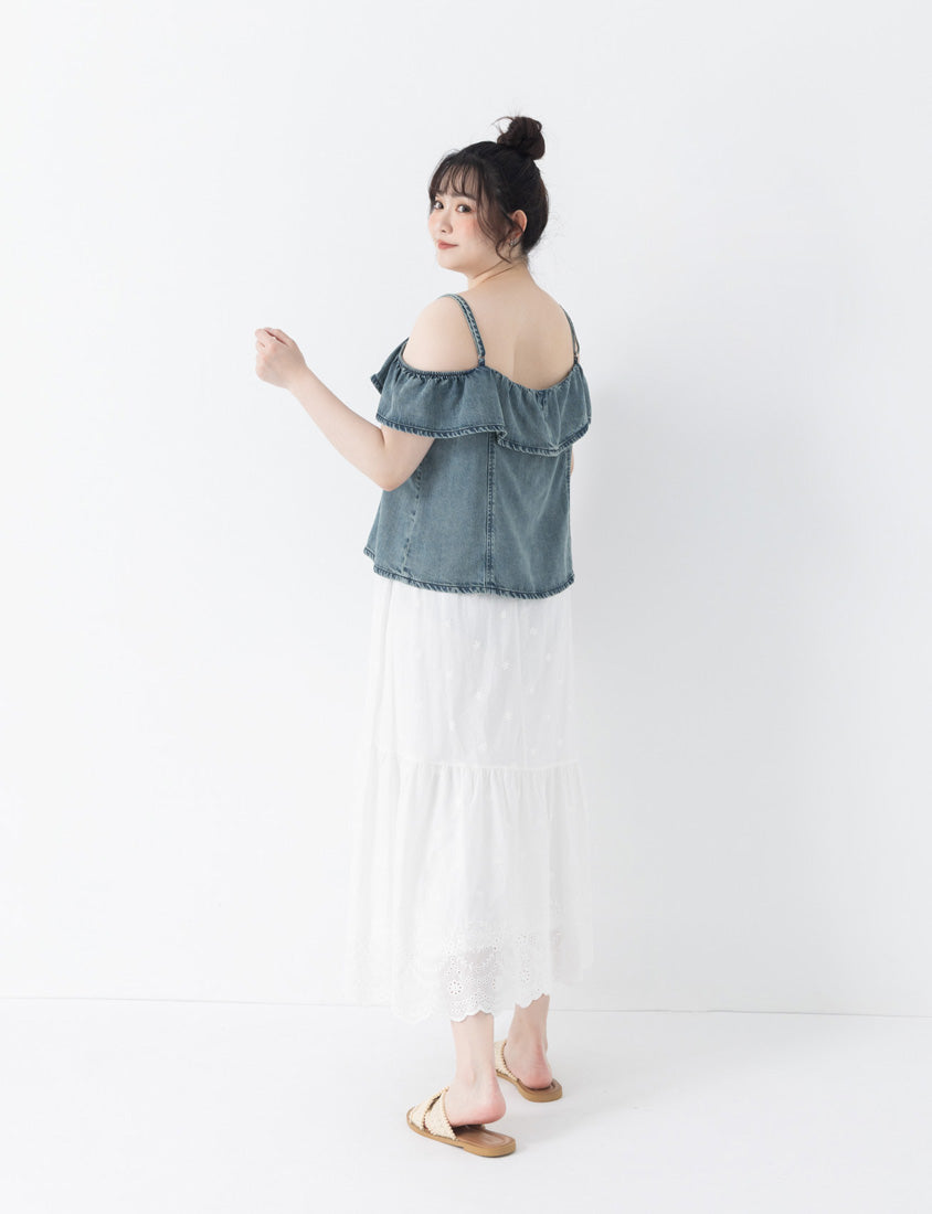 Tencel Silky Denim Ruffle Plus Size Off-Shoulder Top