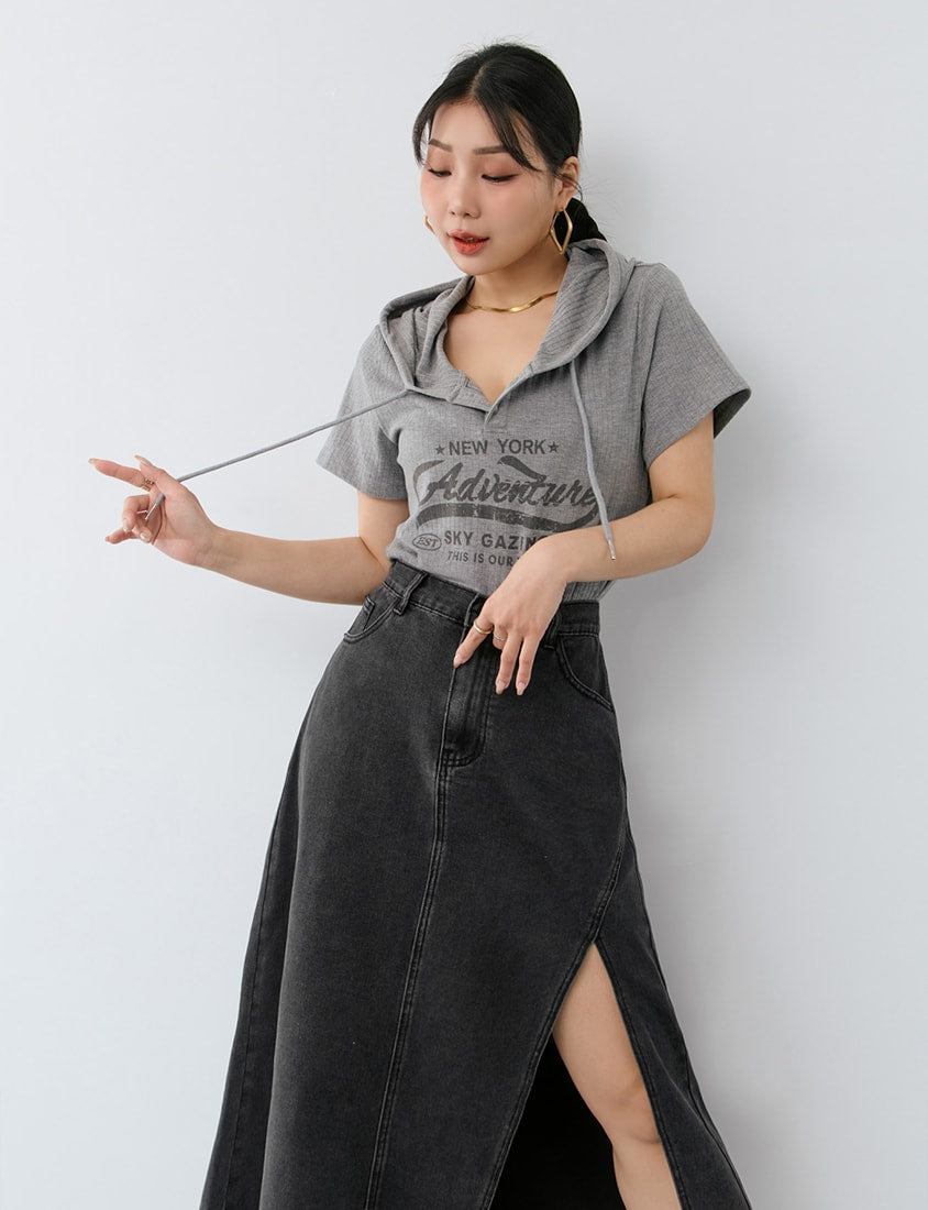 MUA! Hooded Printed Plus Size Ribbed Top