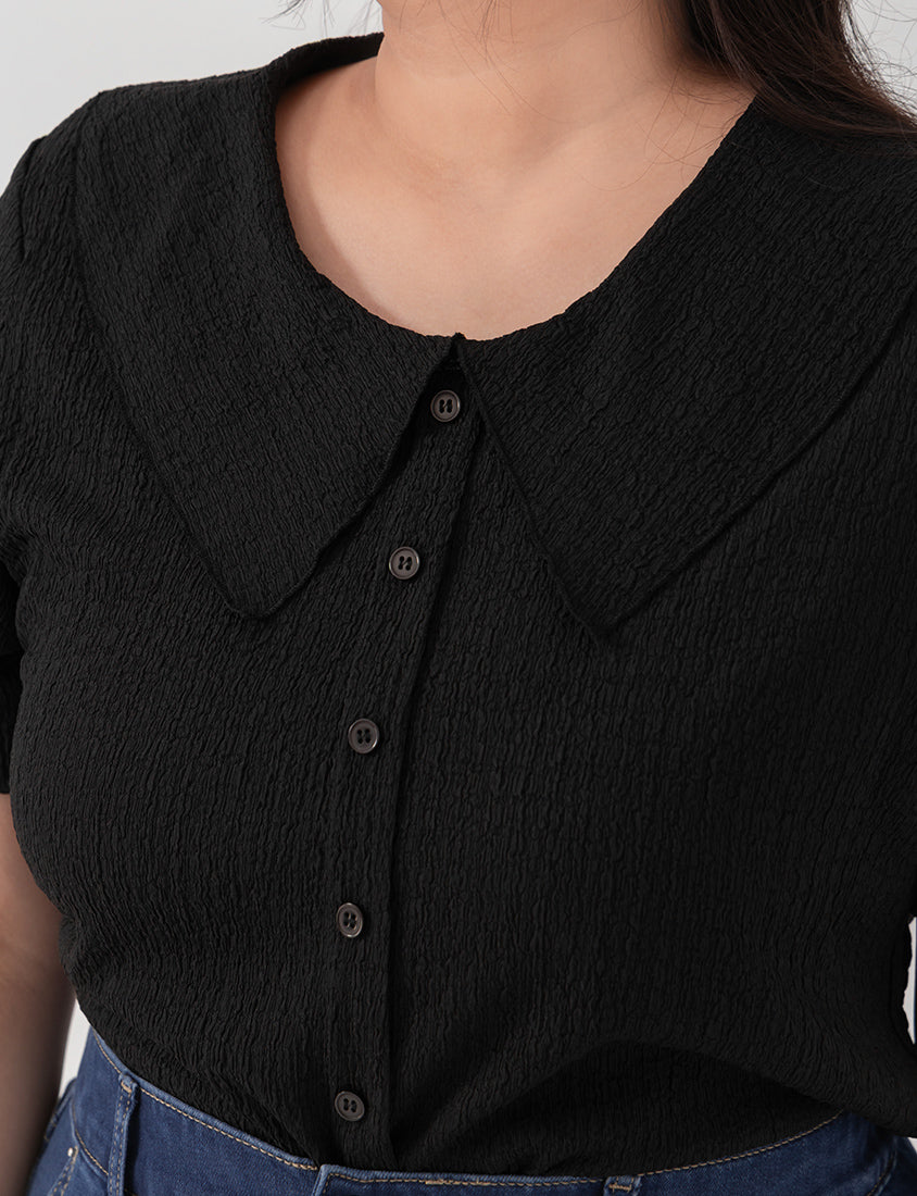 Collared Crinkle Faux Button Short Sleeve Top