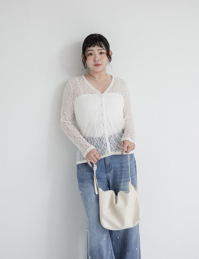 MISS. Fairy Lace Hollow Cut Button-Up Plus Size Cardigan