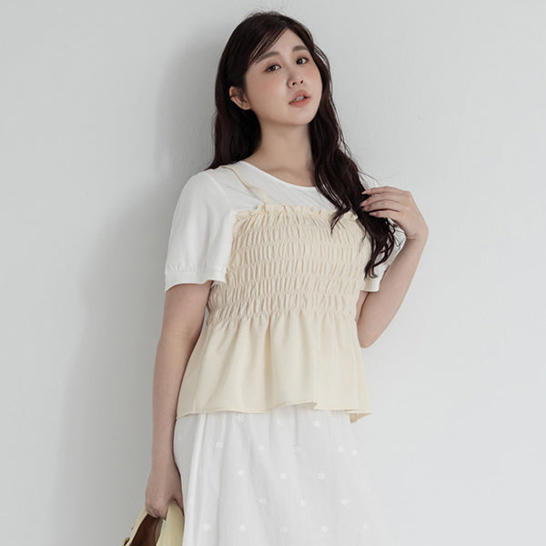 Sweet Crinkle Faux Two-Piece Short Sleeve Plus Size Top