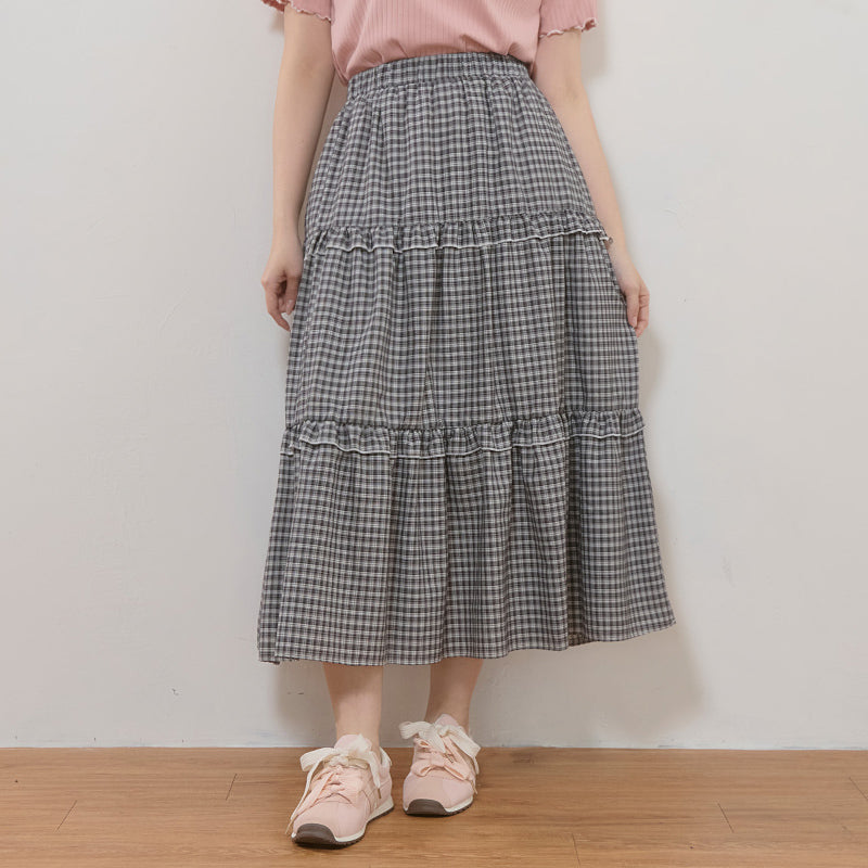 Japanese Style Sweet Tiered Plaid Plus Size Maxi Skirt