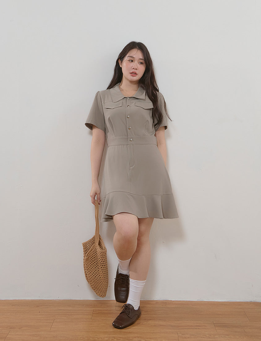 Elegant Heart Button Collar Plus Size Mini Dress