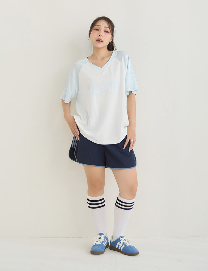 American Style Contrast V-Neck Oversized Jersey Plus Size Tee
