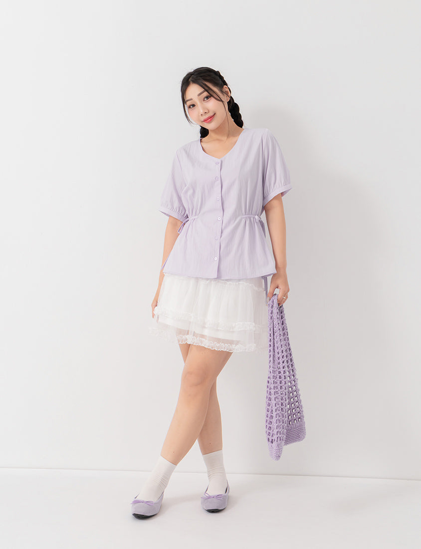 V-Neck Button Front Tie Waist Plus Size Top