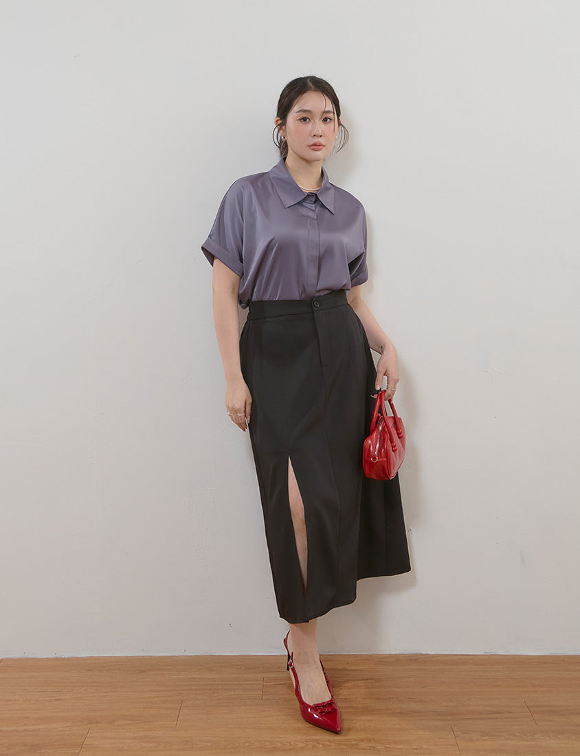 MISS. Silky Cool V-Waist Slit Tailored Plus Size Maxi Skirt