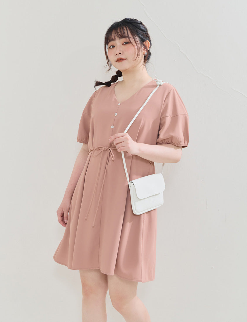 Faux Button Beaded Drawstring V-Neck Plus Size Mini Dress