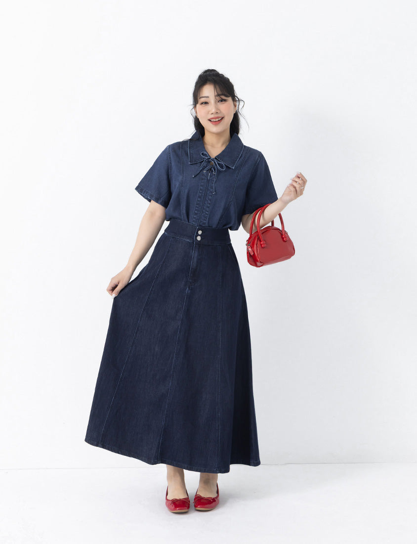 Tencel Silky Denim Tie-Front Collar Plus Size Top