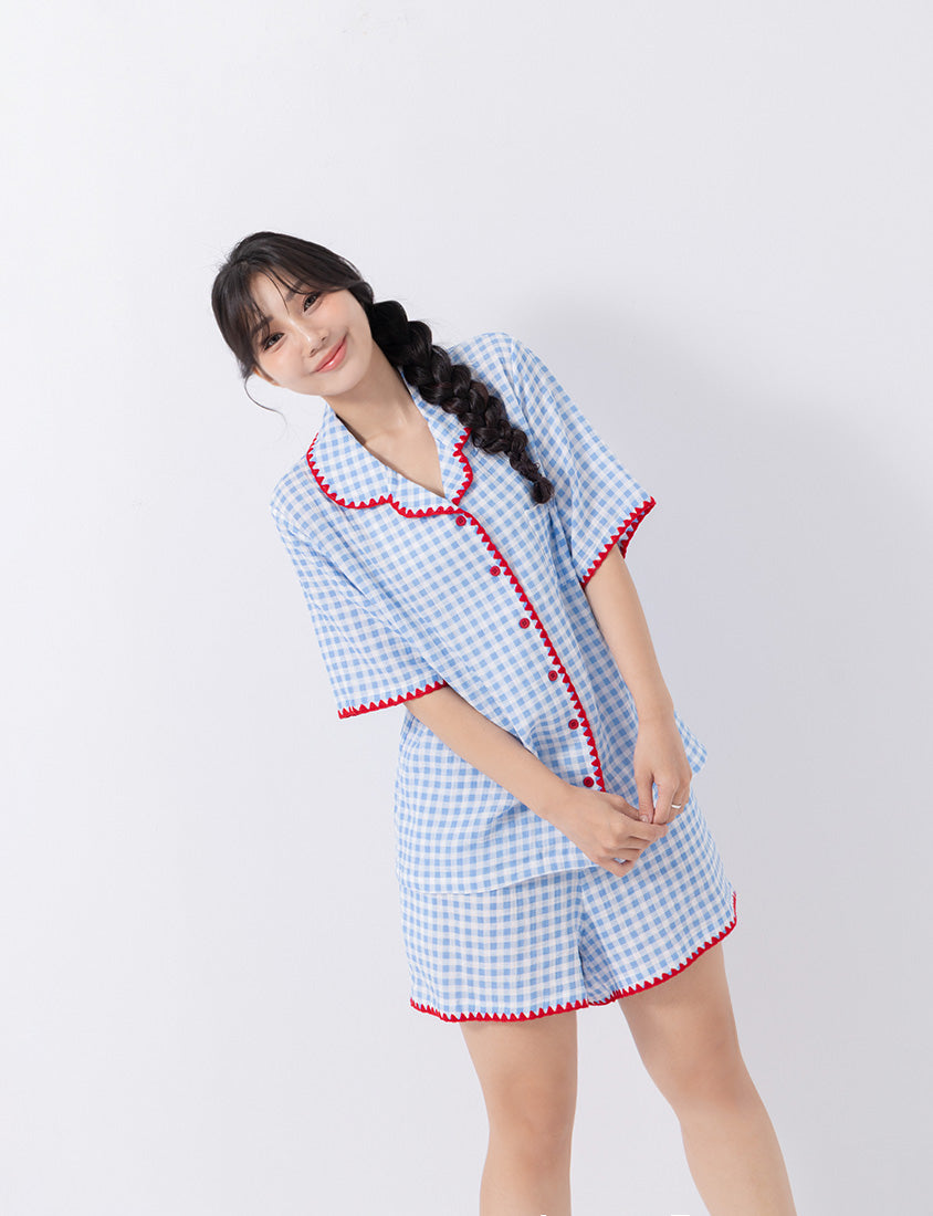Skin-Friendly Gingham Contrast Frill Casual Plus Size Shirt